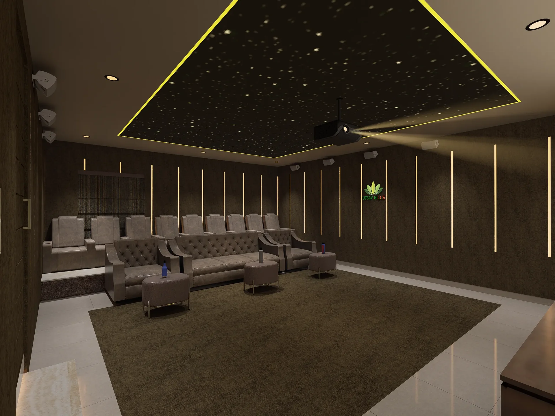 Residents' private mini-theatre with plush recliner seating